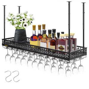 Ceiling Wine Glass Rack, 46.9 x 13 inch Hanging Wine Glass Rack, 18.9-35.8 inch Height Adjustable Hanging Wine Rack Cabinet, Black...