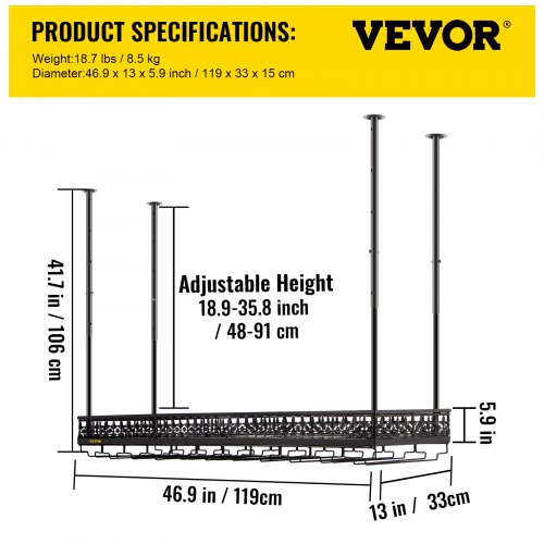 VEVOR Ceiling Wine Glass Rack, 46.9 x 13 inch Hanging Wine Glass Rack, 18.9-35.8 inch Height Adjustable Hanging Wine Rack Cabinet, Black Wall-Mounted Wine Glass Rack Perfect for Bar Cafe Kitchen