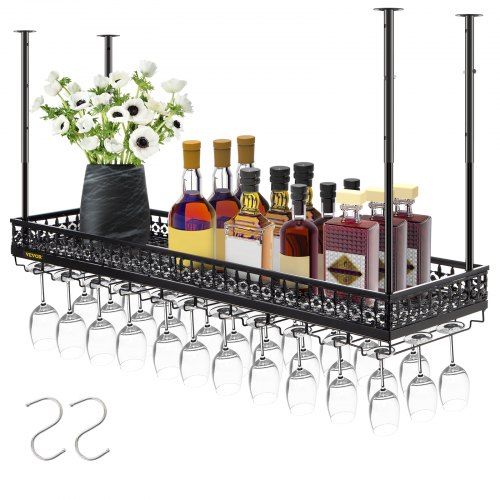 VEVOR Ceiling Wine Glass Rack, 46.9 x 13 inch Hanging Wine Glass Rack, 18.9-35.8 inch Height Adjustable Hanging Wine Rack Cabinet, Black Wall-Mounted Wine Glass Rack Perfect for Bar Cafe Kitchen