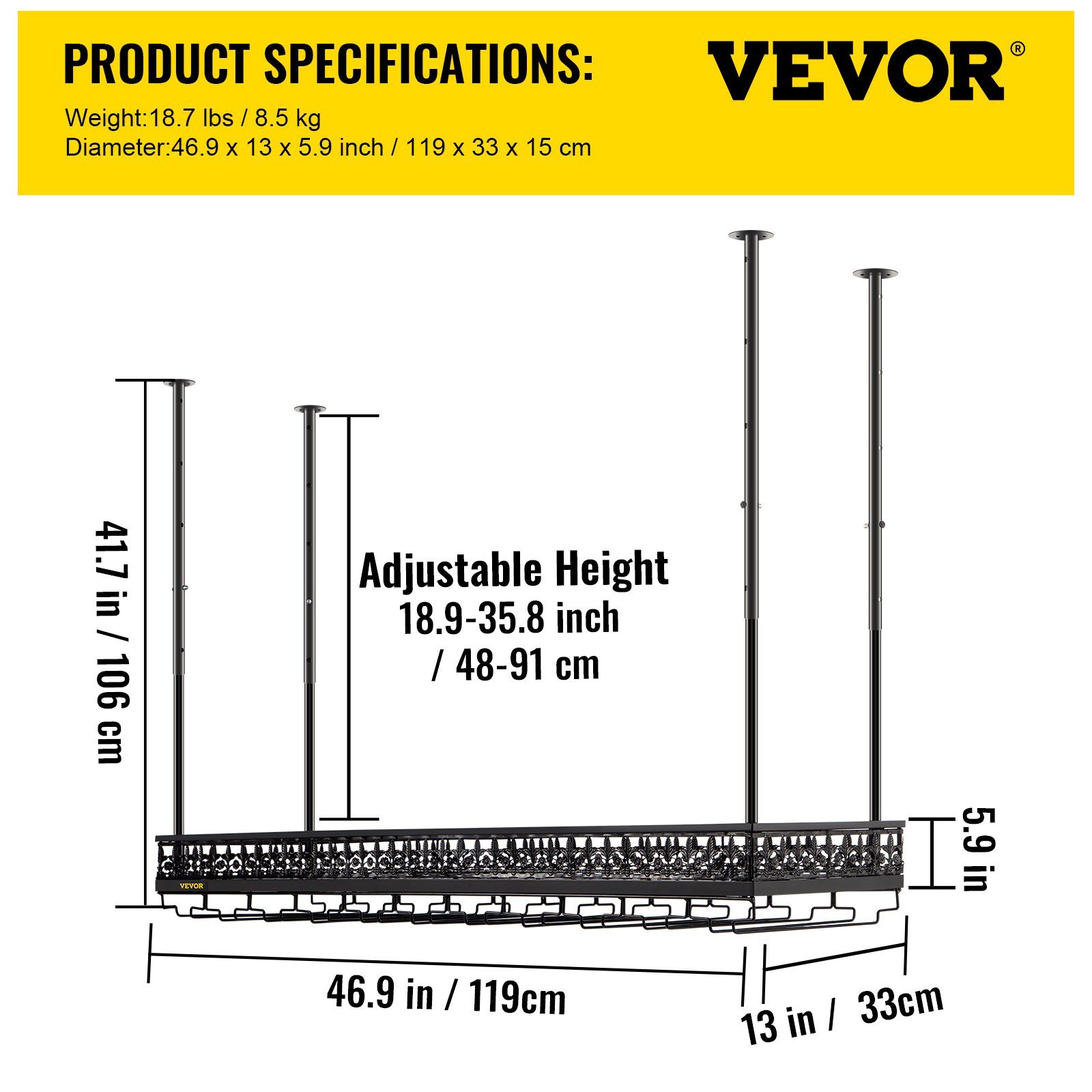 VEVOR Ceiling-Mounted Bar Wine Rack Wine Glass Hanging Rack 46.9x13in Black