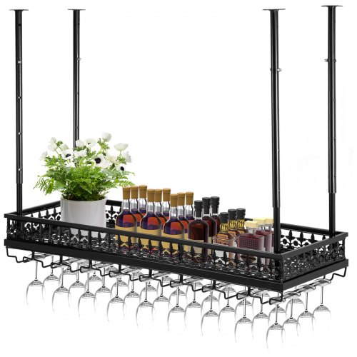 VEVOR Ceiling Wine Glass Rack, 35.8 x 13 inch Hanging Wine Glass Rack, 18.9-35.8 inch Height Adjustable Hanging Wine Rack Cabinet, Black Wall-Mounted Wine Glass Rack Perfect for Bar Cafe Kitchen