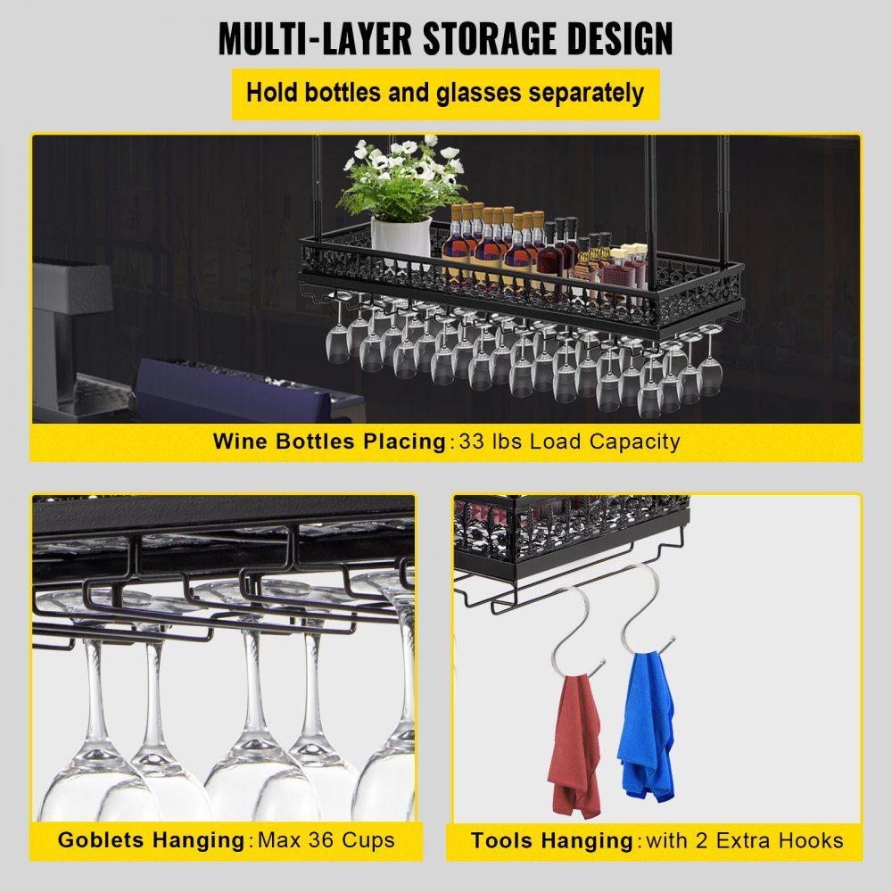 VEVOR Ceiling-Mounted Bar Wine Rack Wine Glass Hanging Rack 35.8x13in Black