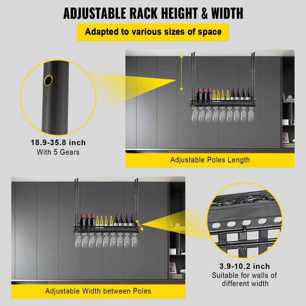 VEVOR Ceiling-Mounted Bar Wine Rack Wine Glass Hanging Rack 35.8x13in Black