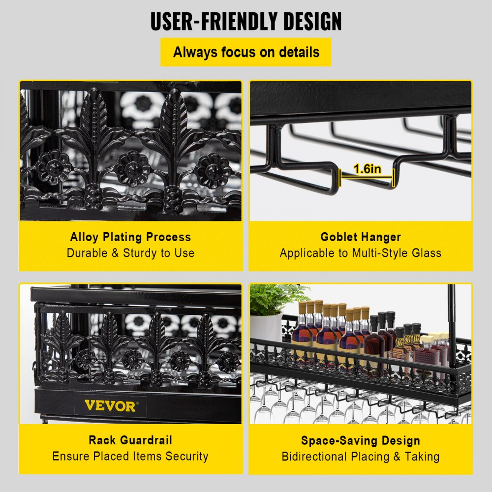 VEVOR Ceiling-Mounted Bar Wine Rack Wine Glass Hanging Rack 35.8x13in Black