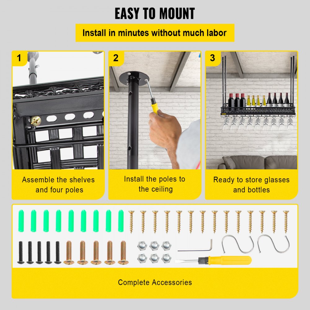 VEVOR Ceiling-Mounted Bar Wine Rack Wine Glass Hanging Rack 35.8x13in Black