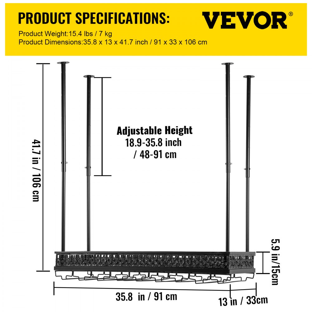 VEVOR Ceiling-Mounted Bar Wine Rack Wine Glass Hanging Rack 35.8x13in Black