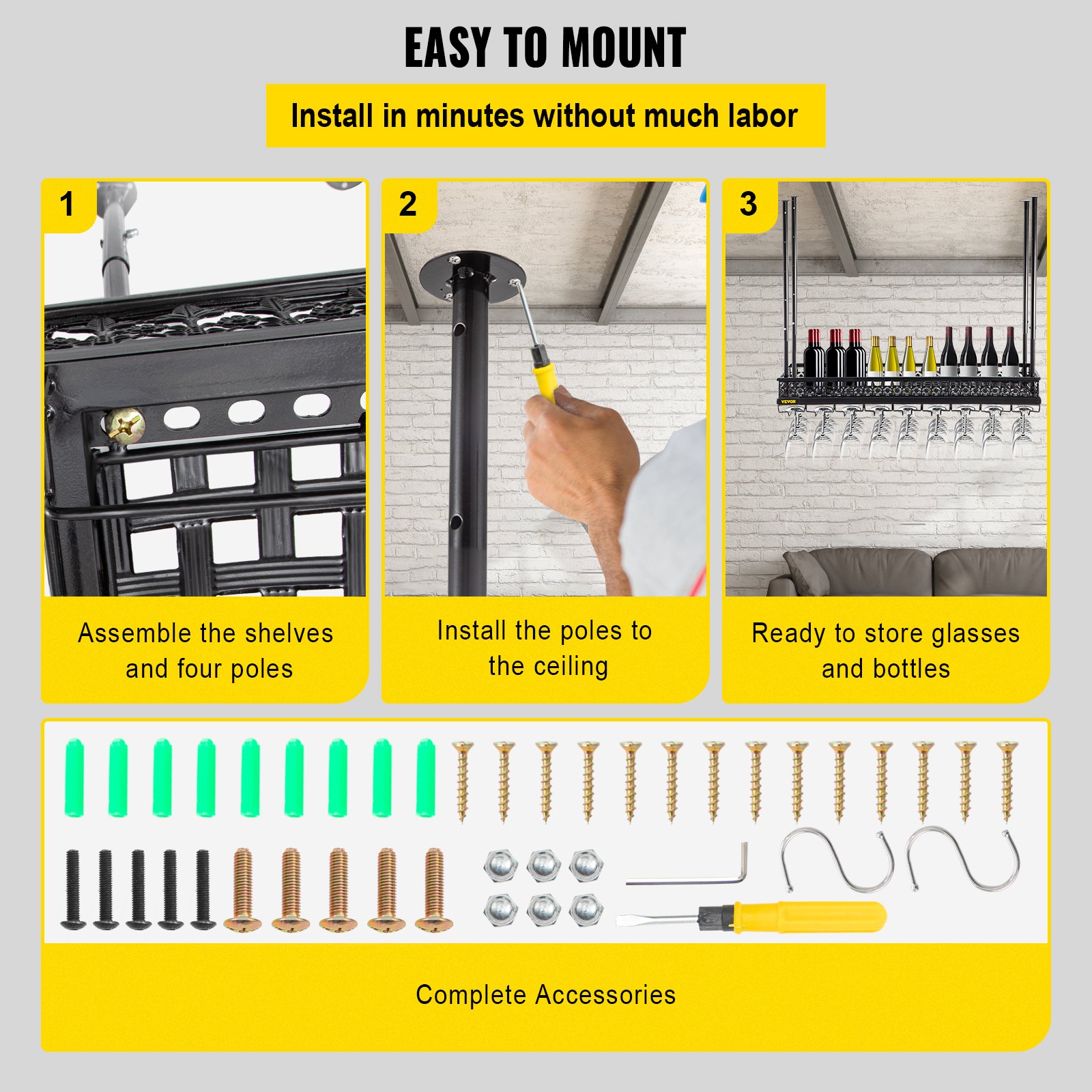 VEVOR Ceiling-Mounted Bar Wine Rack Wine Glass Hanging Rack 35.8x13in Black