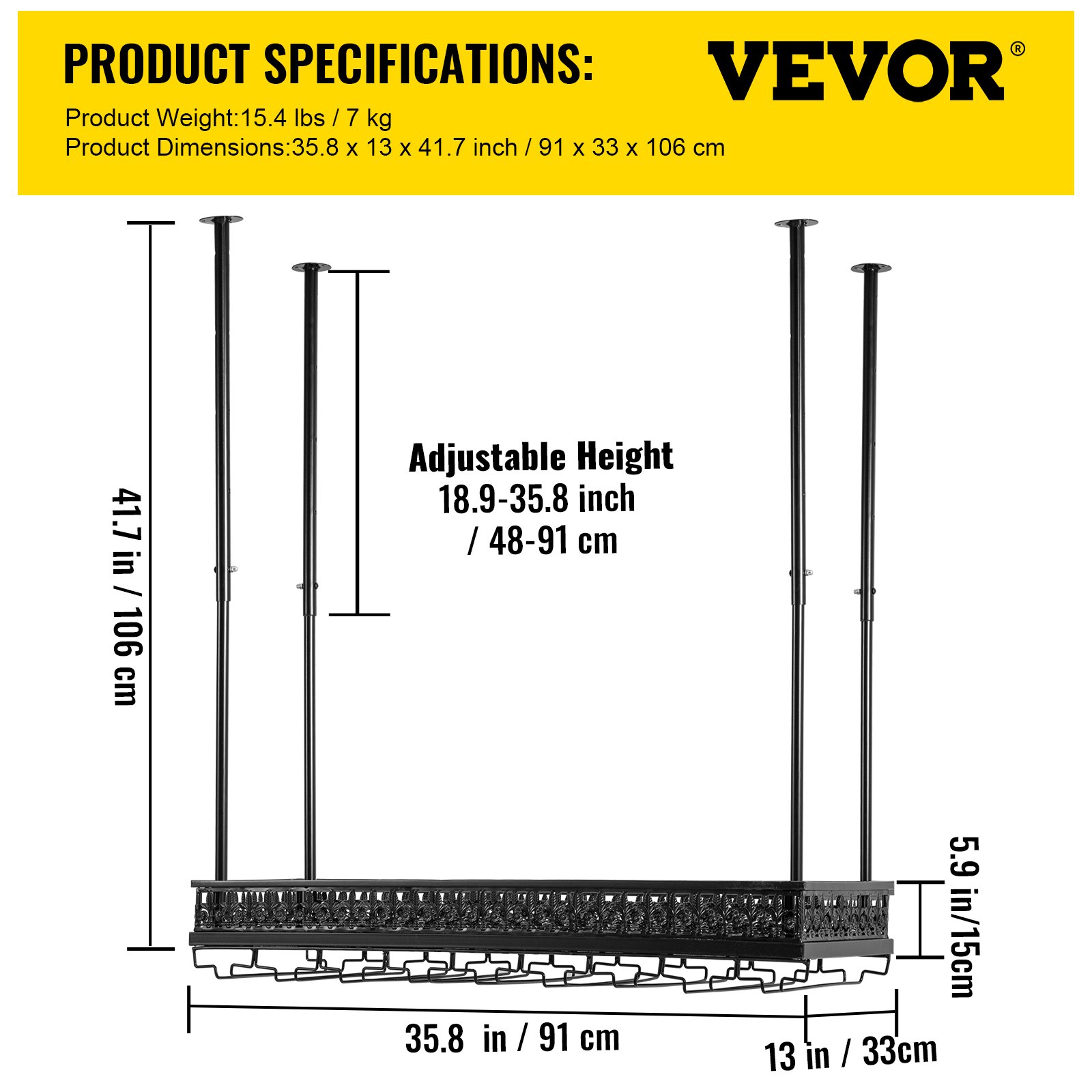VEVOR Ceiling-Mounted Bar Wine Rack Wine Glass Hanging Rack 35.8x13in Black