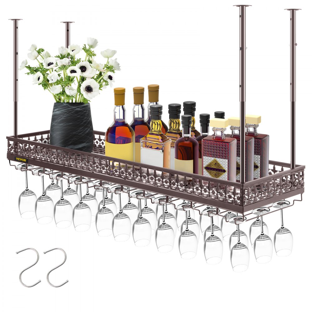 VEVOR Ceiling Wine Glass Rack, 46.9 x 13 inch Hanging Wine Glass Rack, 18.9-35.8 inch Height Adjustable Hanging Wine Rack Cabinet, Coppery Wall-Mounted Wine Glass Rack Perfect for Bar Cafe Kitchen