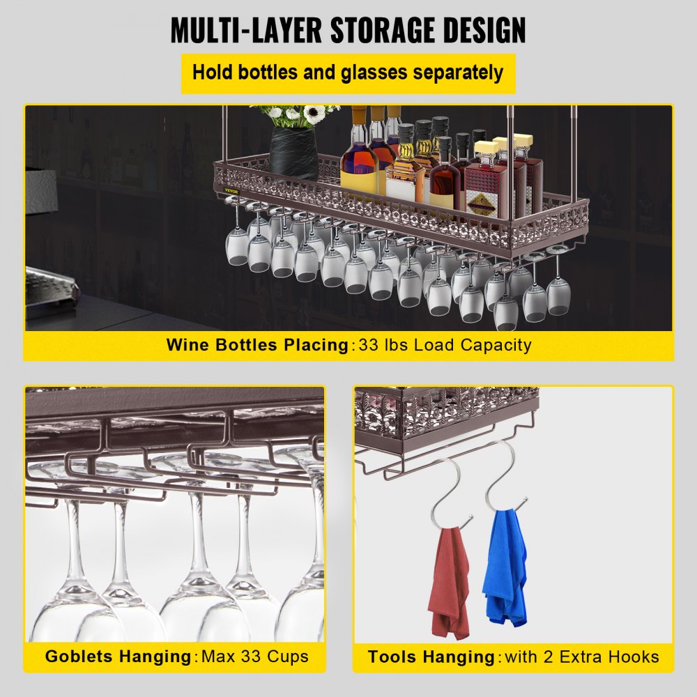 VEVOR - Estante para copas de vino de techo, 120 x 33 cm, altura ajustable de 48 a 90 cm, color cobre, ideal para bar, cafetería y cocina.