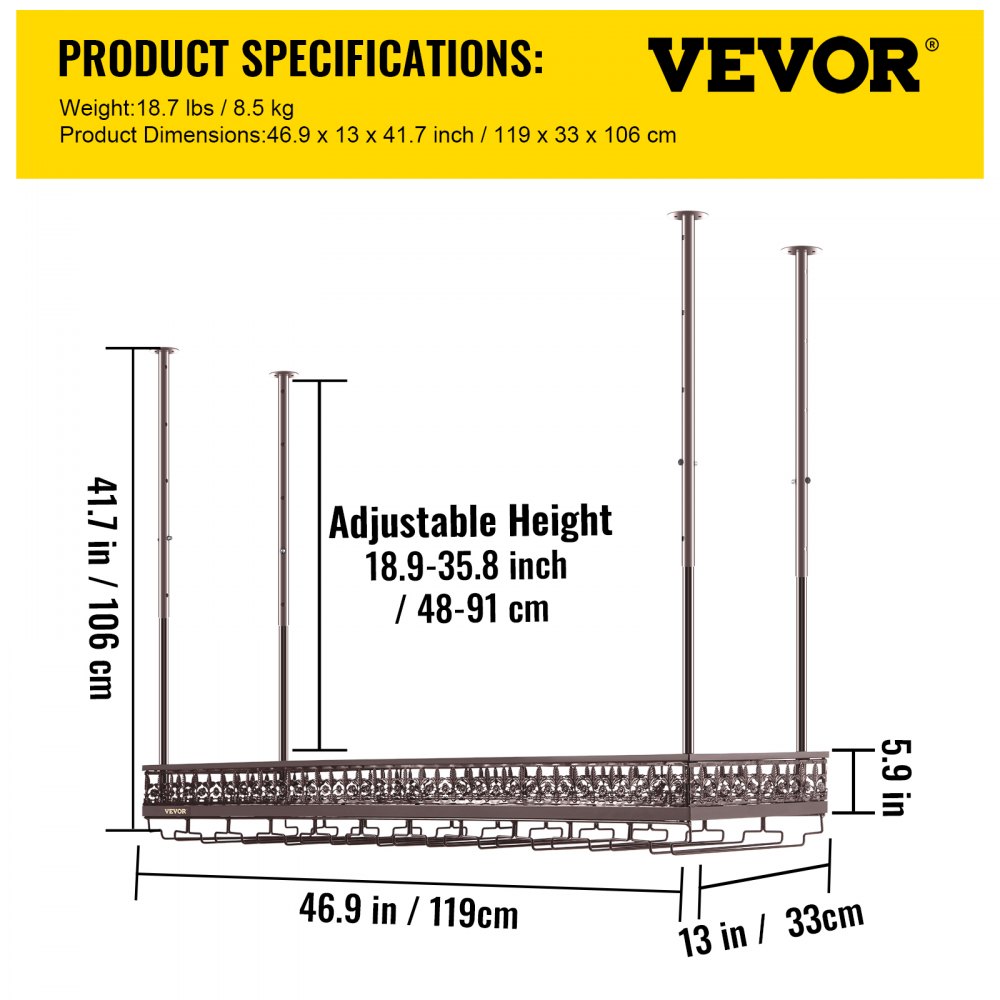 VEVOR - Estante para copas de vino de techo, 120 x 33 cm, altura ajustable de 48 a 90 cm, color cobre, ideal para bar, cafetería y cocina.