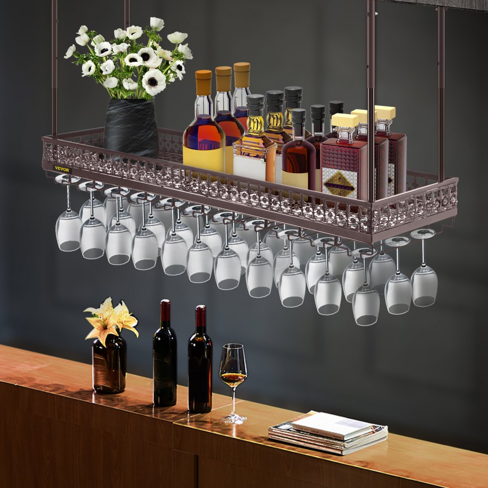 VEVOR - Estante para copas de vino de techo, 120 x 33 cm, altura ajustable de 48 a 90 cm, color cobre, ideal para bar, cafetería y cocina.