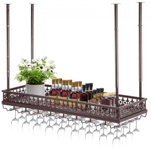 VEVOR Ceiling Wine Glass Rack, 35.8 x 13 inch Hanging Wine Glass Rack, 18.9-35.8 inch Height Adjustable Hanging Wine Rack Cabinet, Coppery Wall-Mounted Wine Glass Rack Perfect for Bar Cafe Kitchen