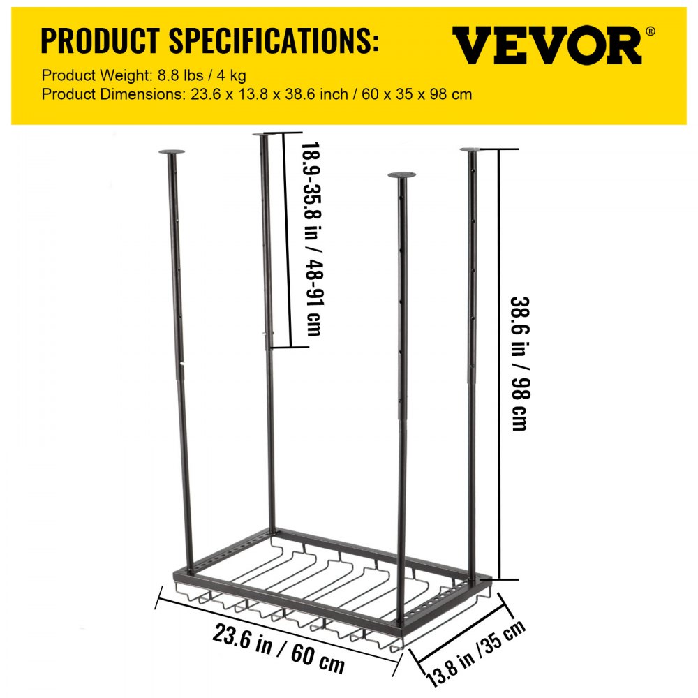 VEVOR - Estante para copas de vino de techo, 60 x 35 cm, altura ajustable de 48 a 90 cm, color negro, ideal para bar, cafetería y cocina.