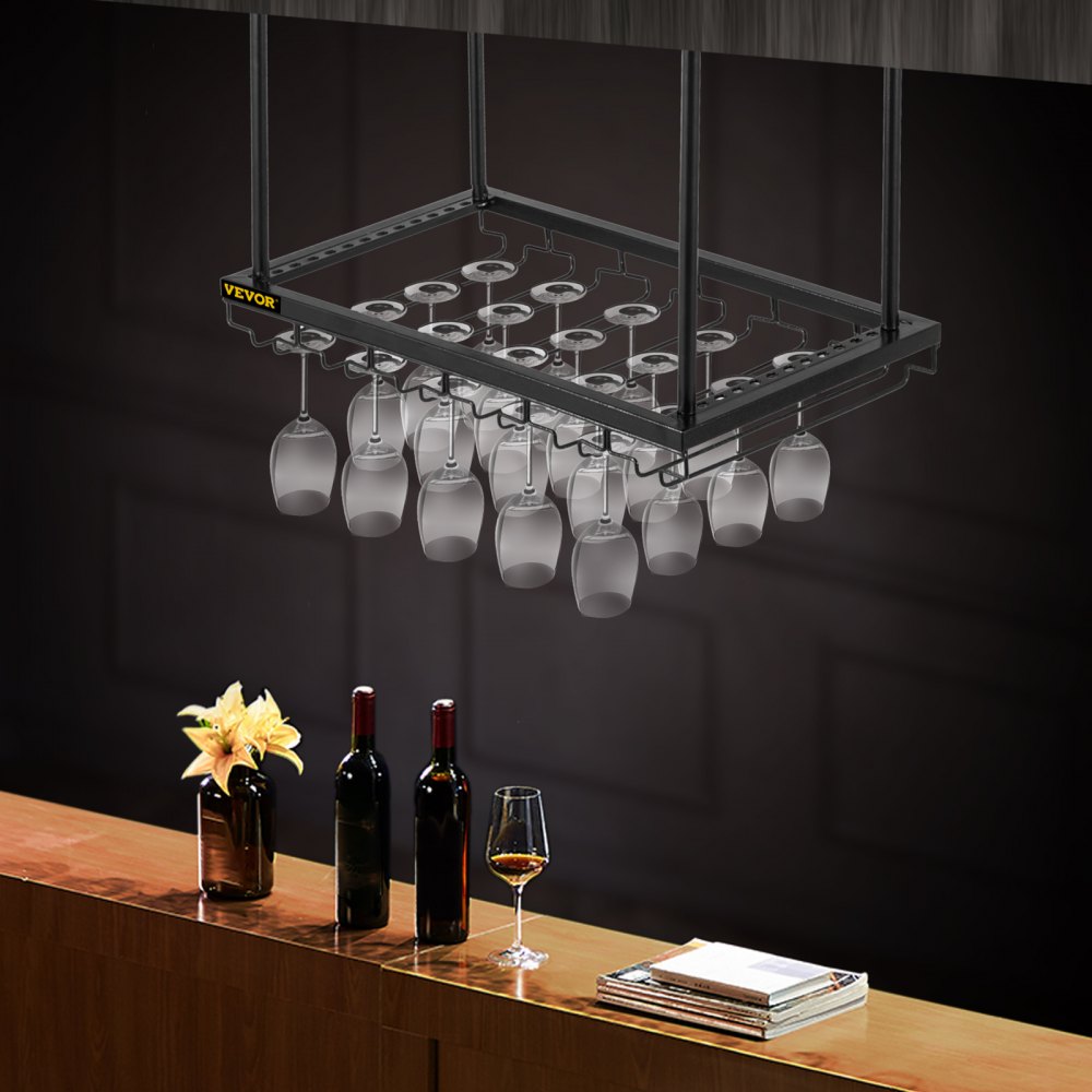 VEVOR - Estante para copas de vino de techo, 60 x 35 cm, altura ajustable de 48 a 90 cm, color negro, ideal para bar, cafetería y cocina.