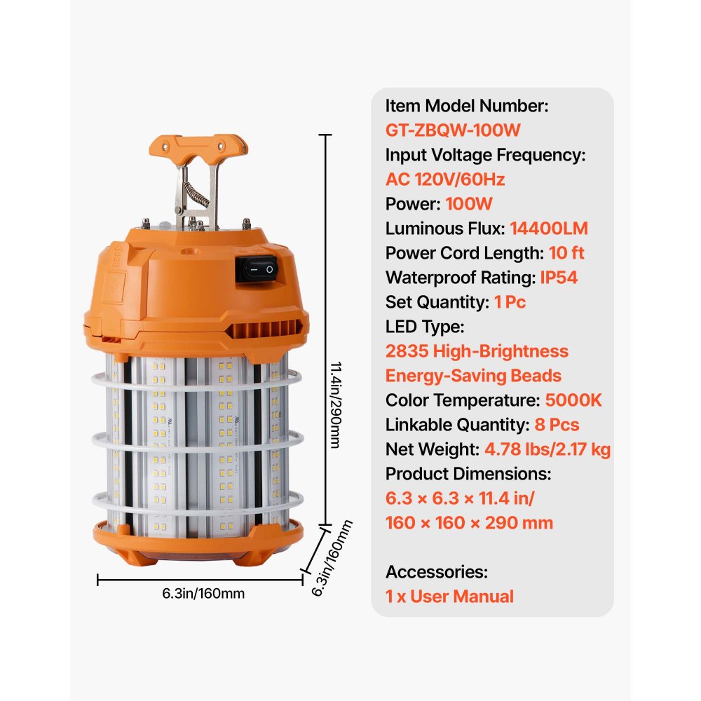 VEVOR LED Temporary Work Light, 100W, 14400 lm, 5000K Durable & Water-Resistant, Linkable up to 8 Units, Ceiling or Stand Job Site Illumination for Construction Sites, Workshops, Indoor & Outdoor Use