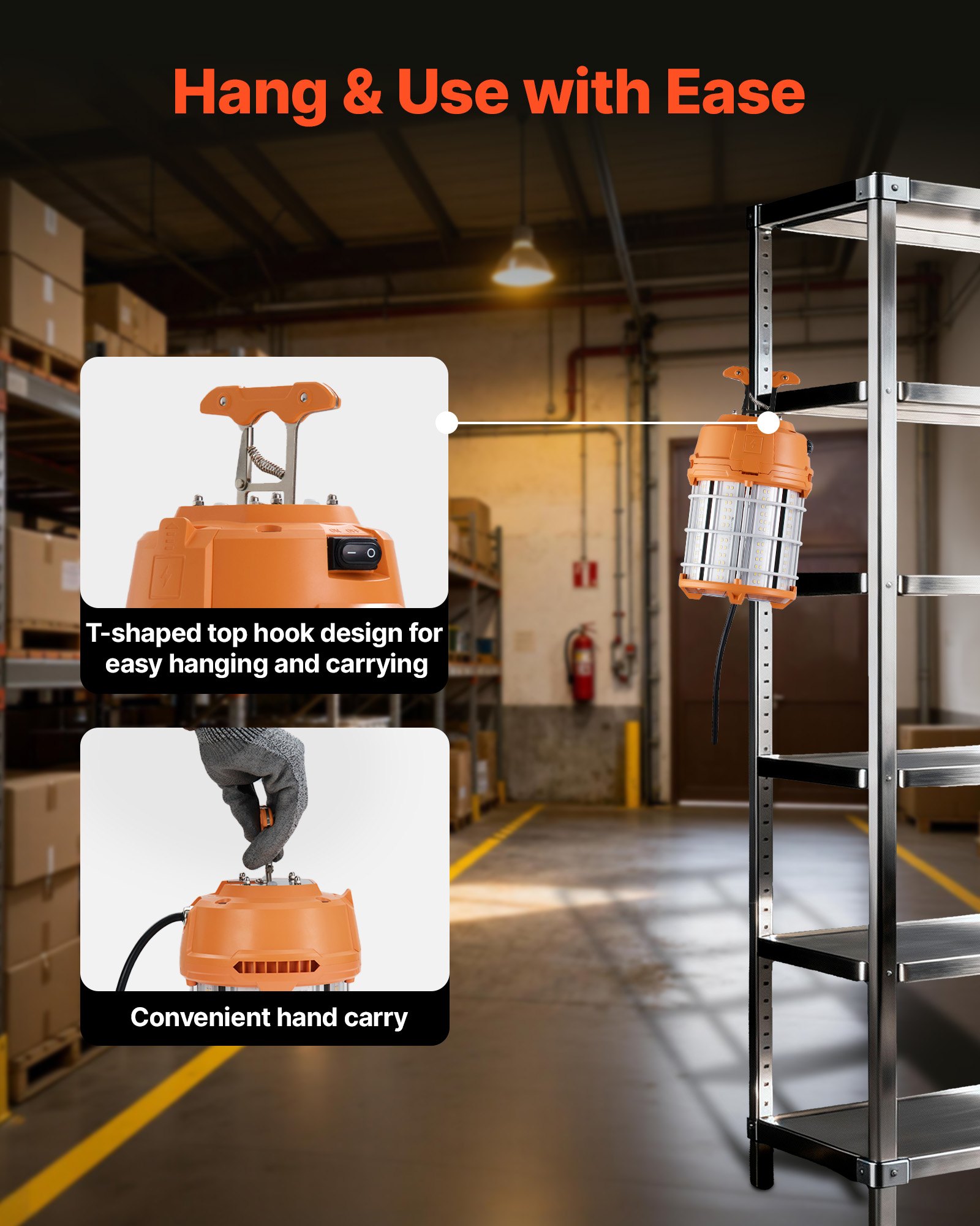 VEVOR LED Temporary Work Light, 100W, 14400 lm, 5000K Durable & Water-Resistant, Linkable up to 8 Units, Ceiling or Stand Job Site Illumination for Construction Sites, Workshops, Indoor & Outdoor Use