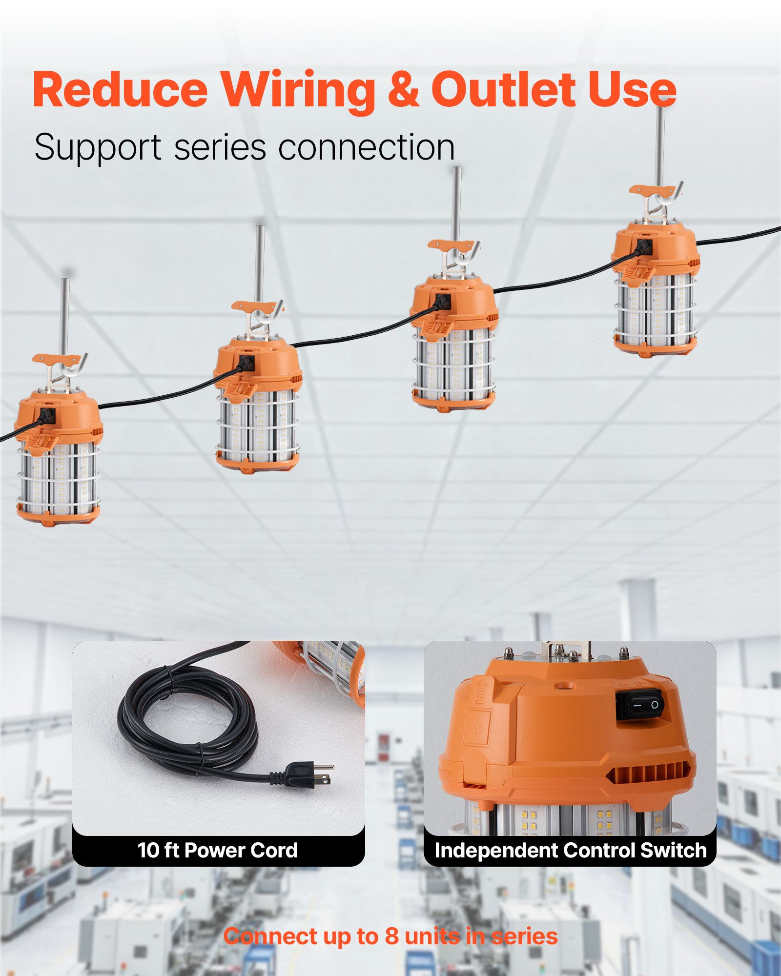 VEVOR LED Temporary Work Light, 100W, 14400 lm, 5000K Durable & Water-Resistant, Linkable up to 8 Units, Ceiling or Stand Job Site Illumination for Construction Sites, Workshops, Indoor & Outdoor Use