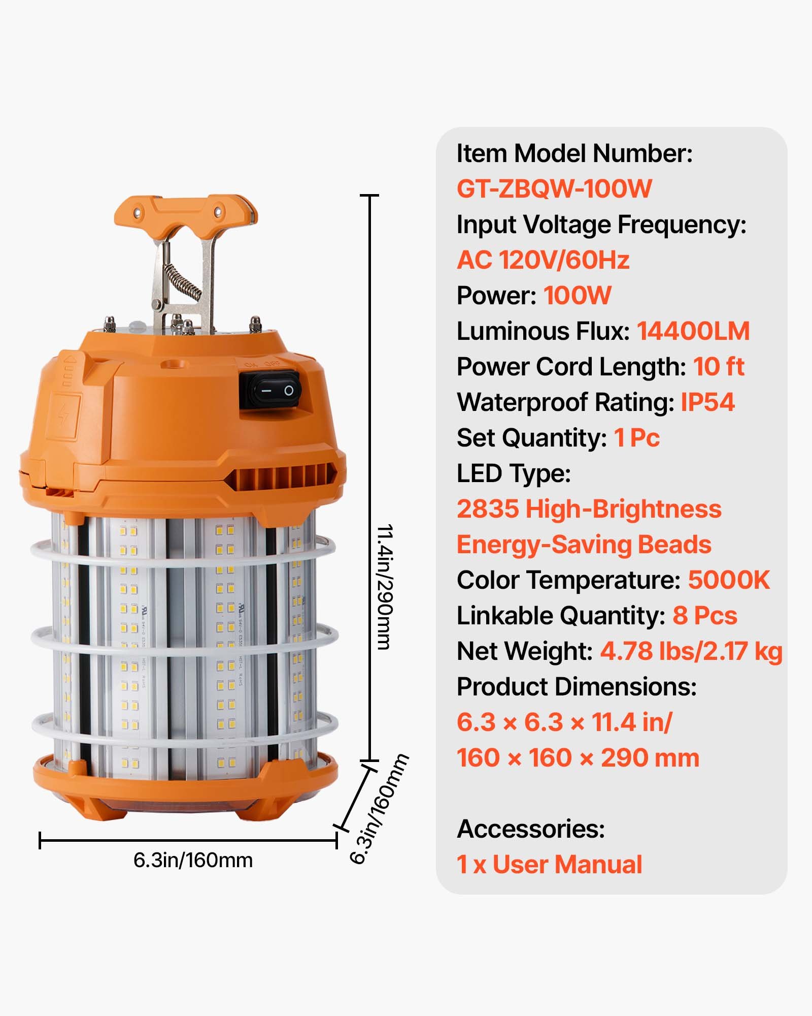 VEVOR LED Temporary Work Light, 100W, 14400 lm, 5000K Durable & Water-Resistant, Linkable up to 8 Units, Ceiling or Stand Job Site Illumination for Construction Sites, Workshops, Indoor & Outdoor Use