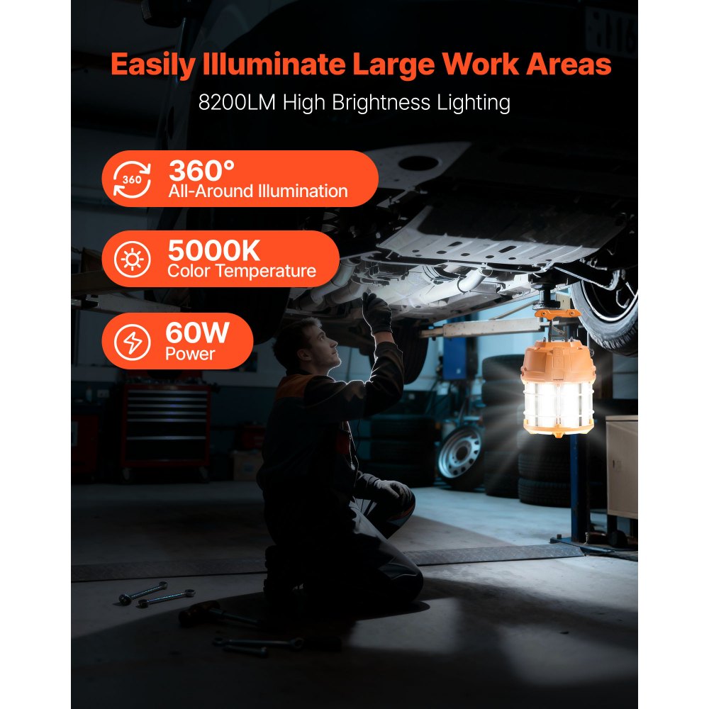 VEVOR LED Temporary Work Light, 60W, 8200 lm, 5000K Durable & Water-Resistant, Linkable up to 12 Units, Ceiling or Stand Job Site Illumination for Construction Sites, Workshops, Indoor & Outdoor Use