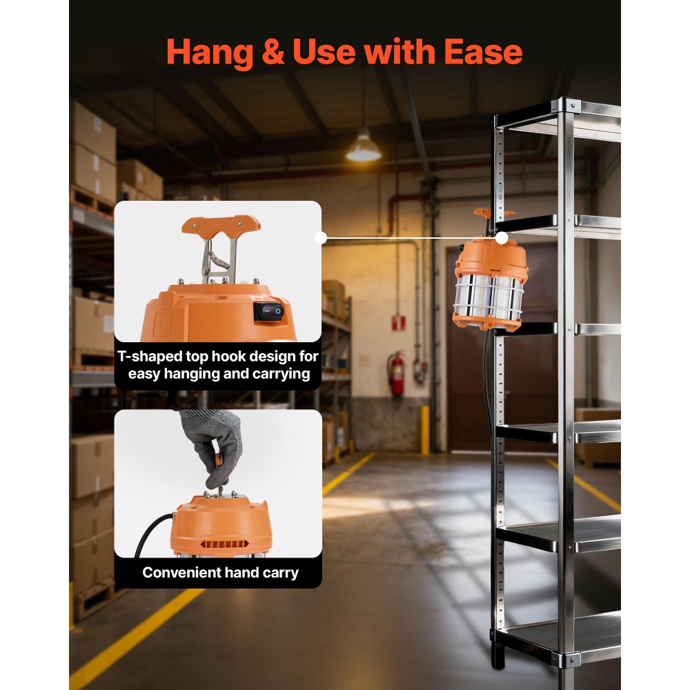 VEVOR LED Temporary Work Light, 60W, 8200 lm, 5000K Durable & Water-Resistant, Linkable up to 12 Units, Ceiling or Stand Job Site Illumination for Construction Sites, Workshops, Indoor & Outdoor Use