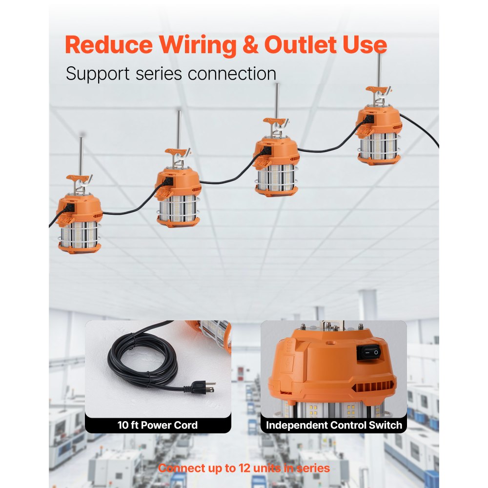 VEVOR LED Temporary Work Light, 60W, 8200 lm, 5000K Durable & Water-Resistant, Linkable up to 12 Units, Ceiling or Stand Job Site Illumination for Construction Sites, Workshops, Indoor & Outdoor Use