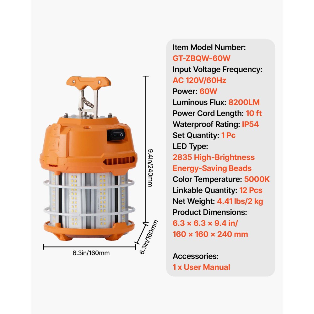 VEVOR LED Temporary Work Light, 60W, 8200 lm, 5000K Durable & Water-Resistant, Linkable up to 12 Units, Ceiling or Stand Job Site Illumination for Construction Sites, Workshops, Indoor & Outdoor Use