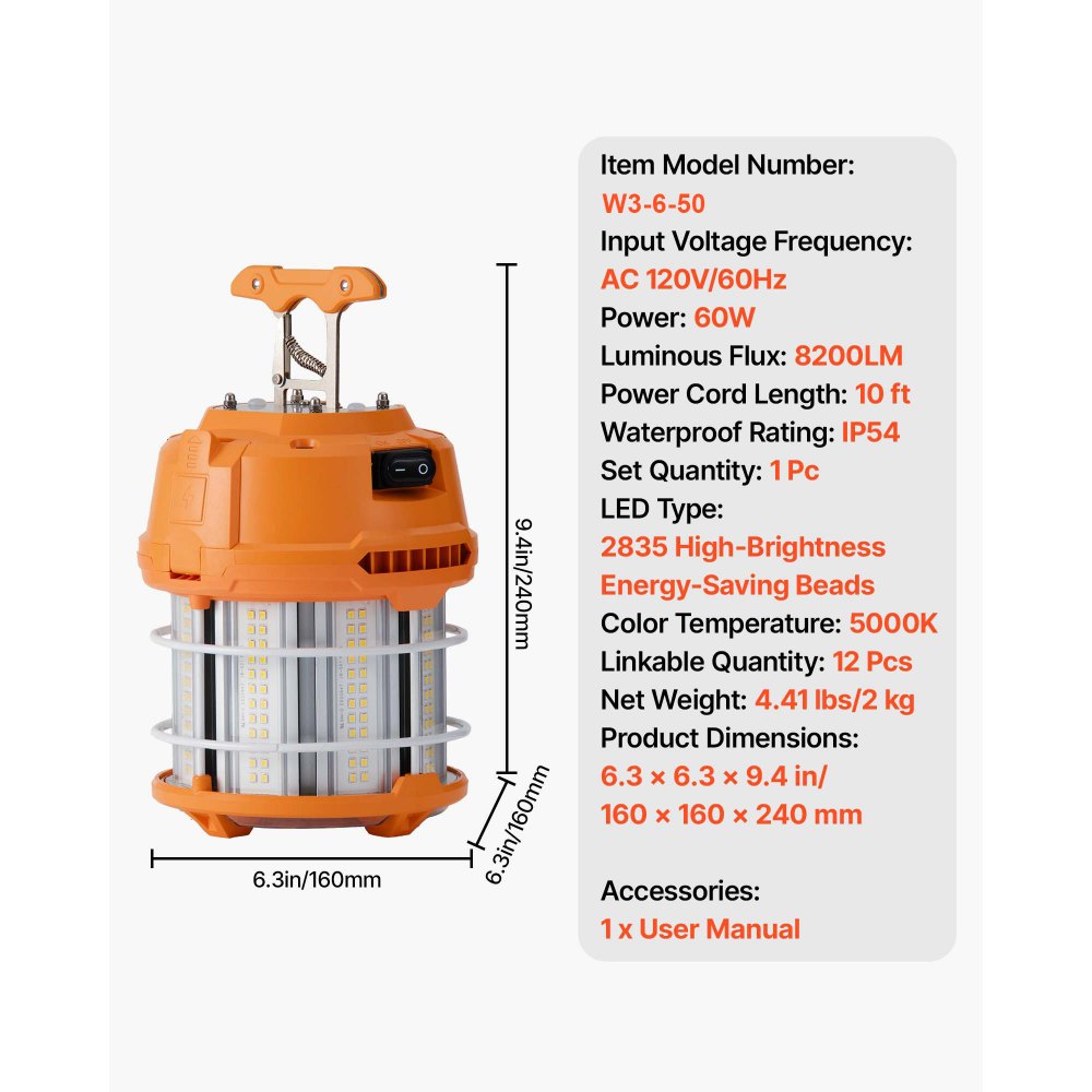 VEVOR LED Temporary Work Light, 60W, 8200 lm, 5000K Durable & Water-Resistant, Linkable up to 12 Units, Ceiling or Stand Job Site Illumination for Construction Sites, Workshops, Indoor & Outdoor Use