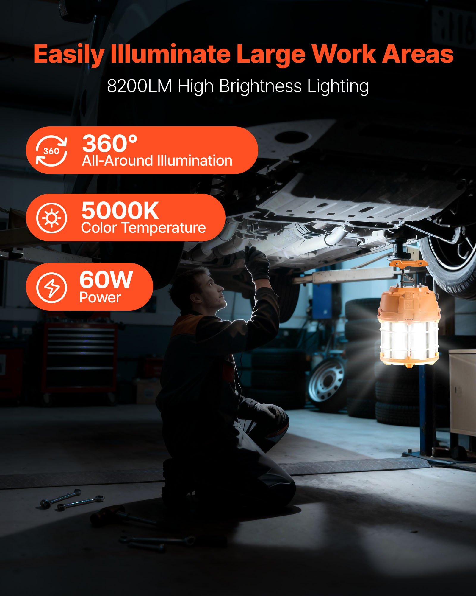 VEVOR LED Temporary Work Light, 60W, 8200 lm, 5000K Durable & Water-Resistant, Linkable up to 12 Units, Ceiling or Stand Job Site Illumination for Construction Sites, Workshops, Indoor & Outdoor Use