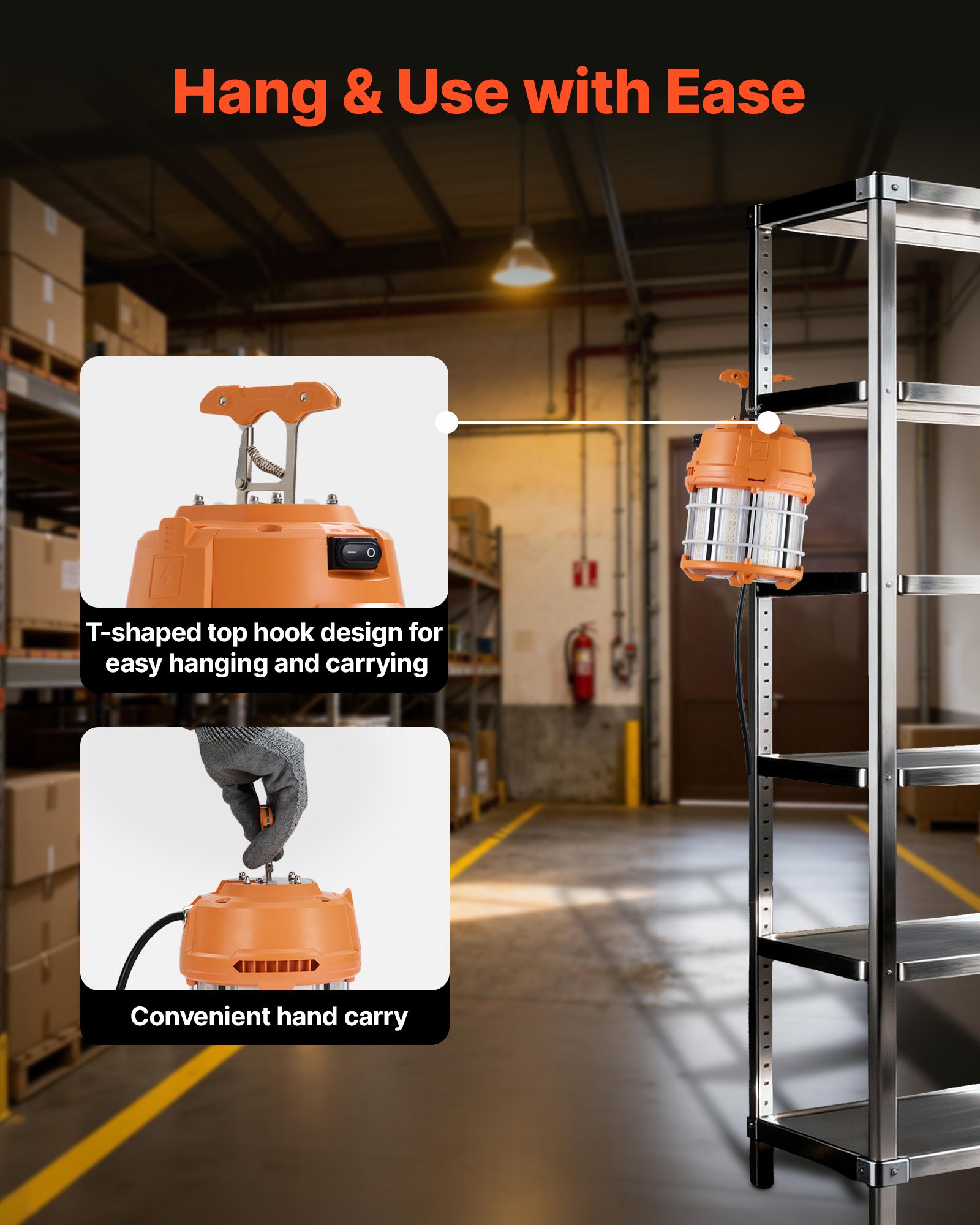 VEVOR LED Temporary Work Light, 60W, 8200 lm, 5000K Durable & Water-Resistant, Linkable up to 12 Units, Ceiling or Stand Job Site Illumination for Construction Sites, Workshops, Indoor & Outdoor Use