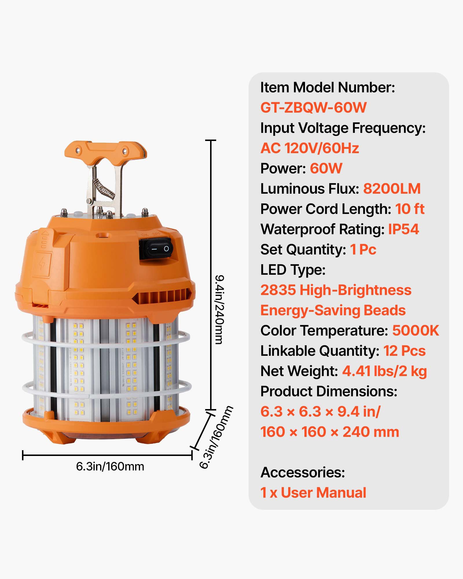 VEVOR LED Temporary Work Light, 60W, 8200 lm, 5000K Durable & Water-Resistant, Linkable up to 12 Units, Ceiling or Stand Job Site Illumination for Construction Sites, Workshops, Indoor & Outdoor Use
