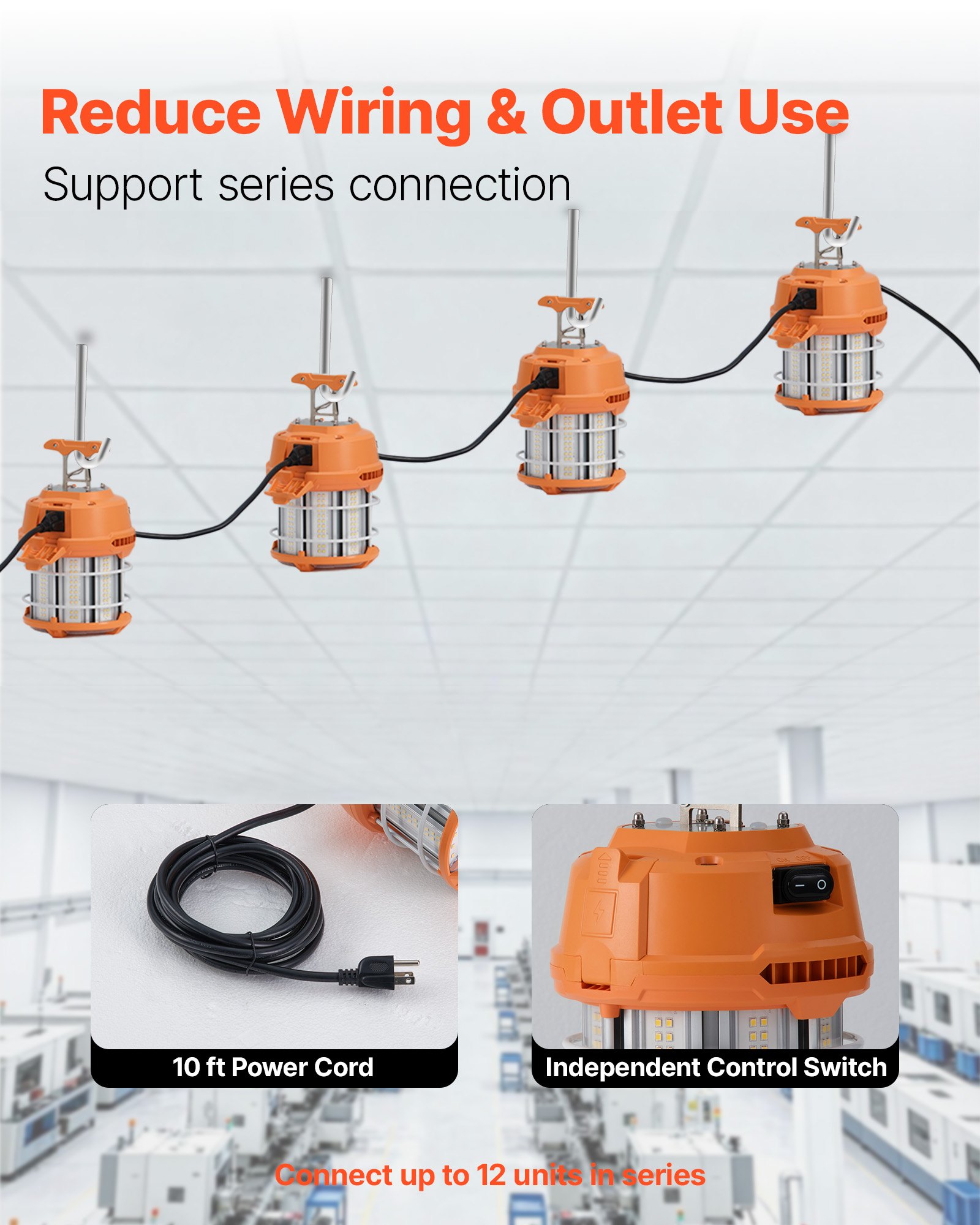 VEVOR LED Temporary Work Light, 60W, 8200 lm, 5000K Durable & Water-Resistant, Linkable up to 12 Units, Ceiling or Stand Job Site Illumination for Construction Sites, Workshops, Indoor & Outdoor Use
