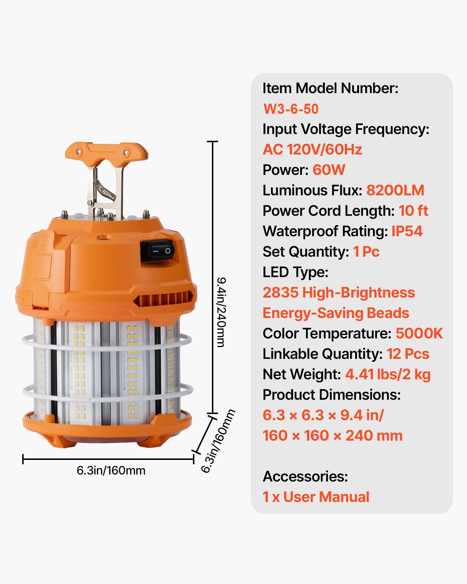 VEVOR LED Temporary Work Light, 60W, 8200 lm, 5000K Durable & Water-Resistant, Linkable up to 12 Units, Ceiling or Stand Job Site Illumination for Construction Sites, Workshops, Indoor & Outdoor Use