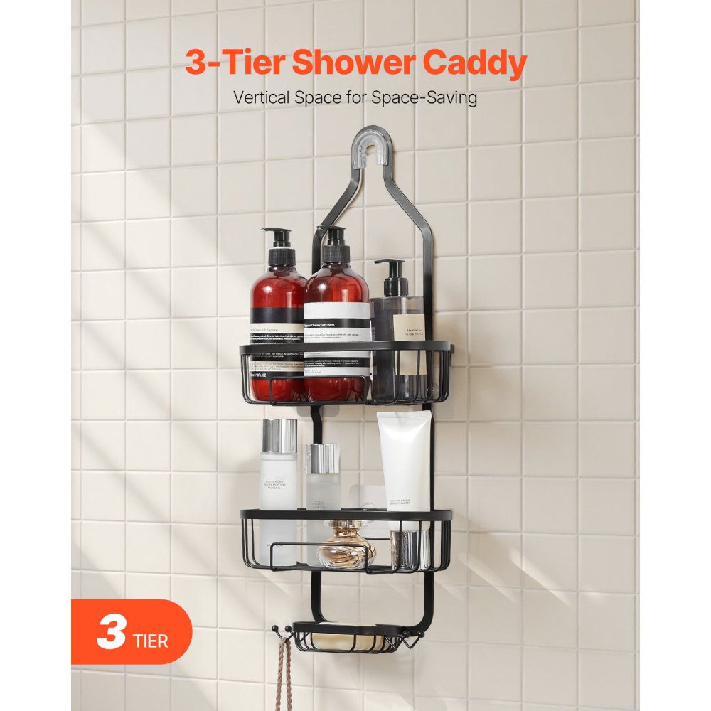 VEVOR Shower Caddy, 3-Tier Hanging Bathroom Shower Storage Organization Shelves Rack Set, with Soap Holder and Hooks for Towels, Sponge, 40 lbs Large Weight Capacity, Fits Shower Head, Matte Black