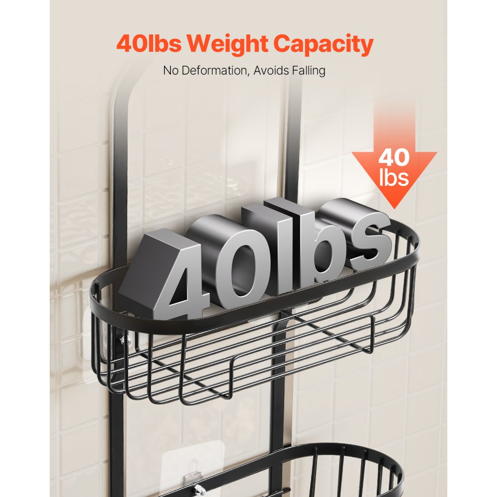 VEVOR Shower Caddy, 3-Tier Hanging Bathroom Shower Storage Organization Shelves Rack Set, with Soap Holder and Hooks for Towels, Sponge, 40 lbs Large Weight Capacity, Fits Shower Head, Matte Black