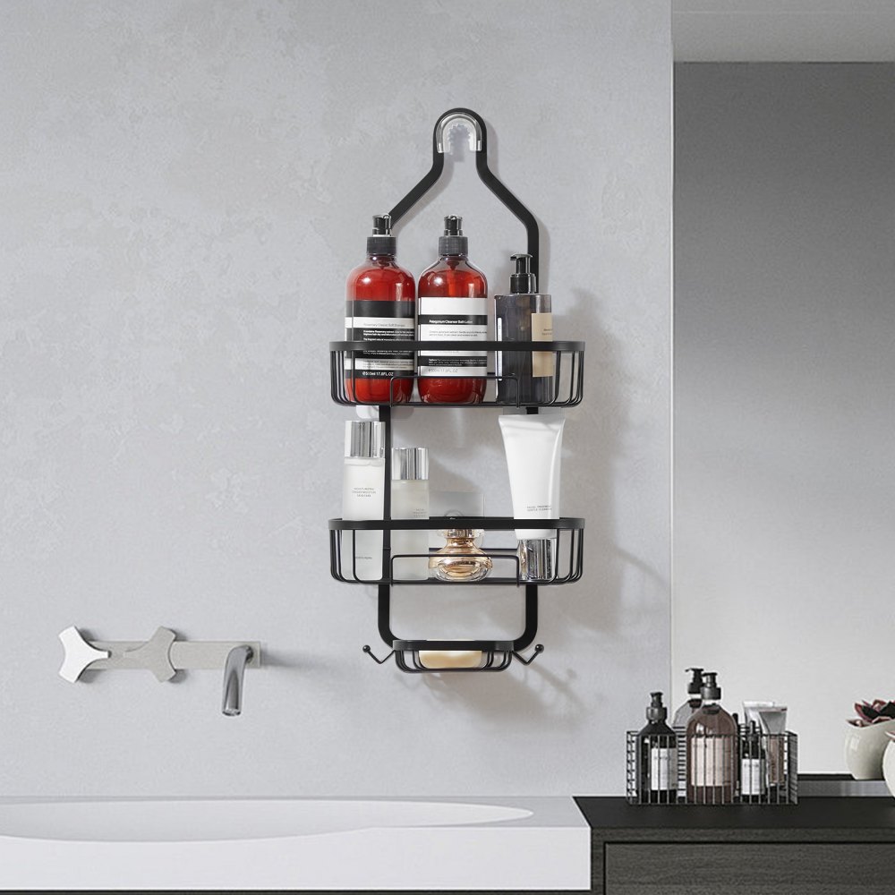 VEVOR Shower Caddy, 3-Tier Hanging Bathroom Shower Storage Organization Shelves Rack Set, with Soap Holder and Hooks for Towels, Sponge, 40 lbs Large Weight Capacity, Fits Shower Head, Matte Black