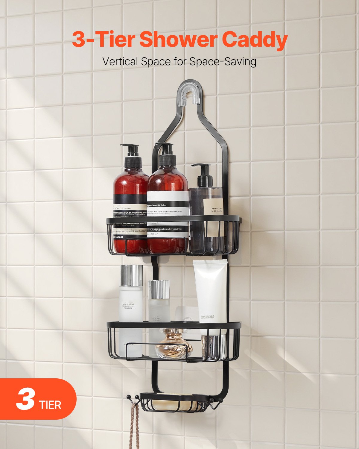 VEVOR Shower Caddy, 3-Tier Hanging Bathroom Shower Storage Organization Shelves Rack Set, with Soap Holder and Hooks for Towels, Sponge, 40 lbs Large Weight Capacity, Fits Shower Head, Matte Black
