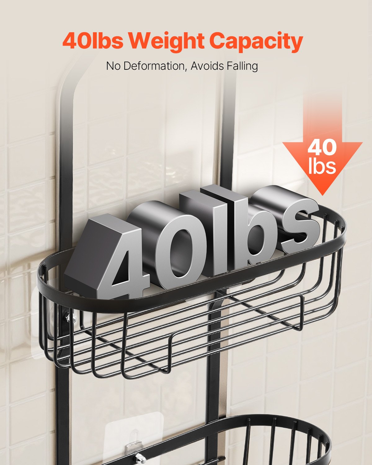 VEVOR Shower Caddy, 3-Tier Hanging Bathroom Shower Storage Organization Shelves Rack Set, with Soap Holder and Hooks for Towels, Sponge, 40 lbs Large Weight Capacity, Fits Shower Head, Matte Black
