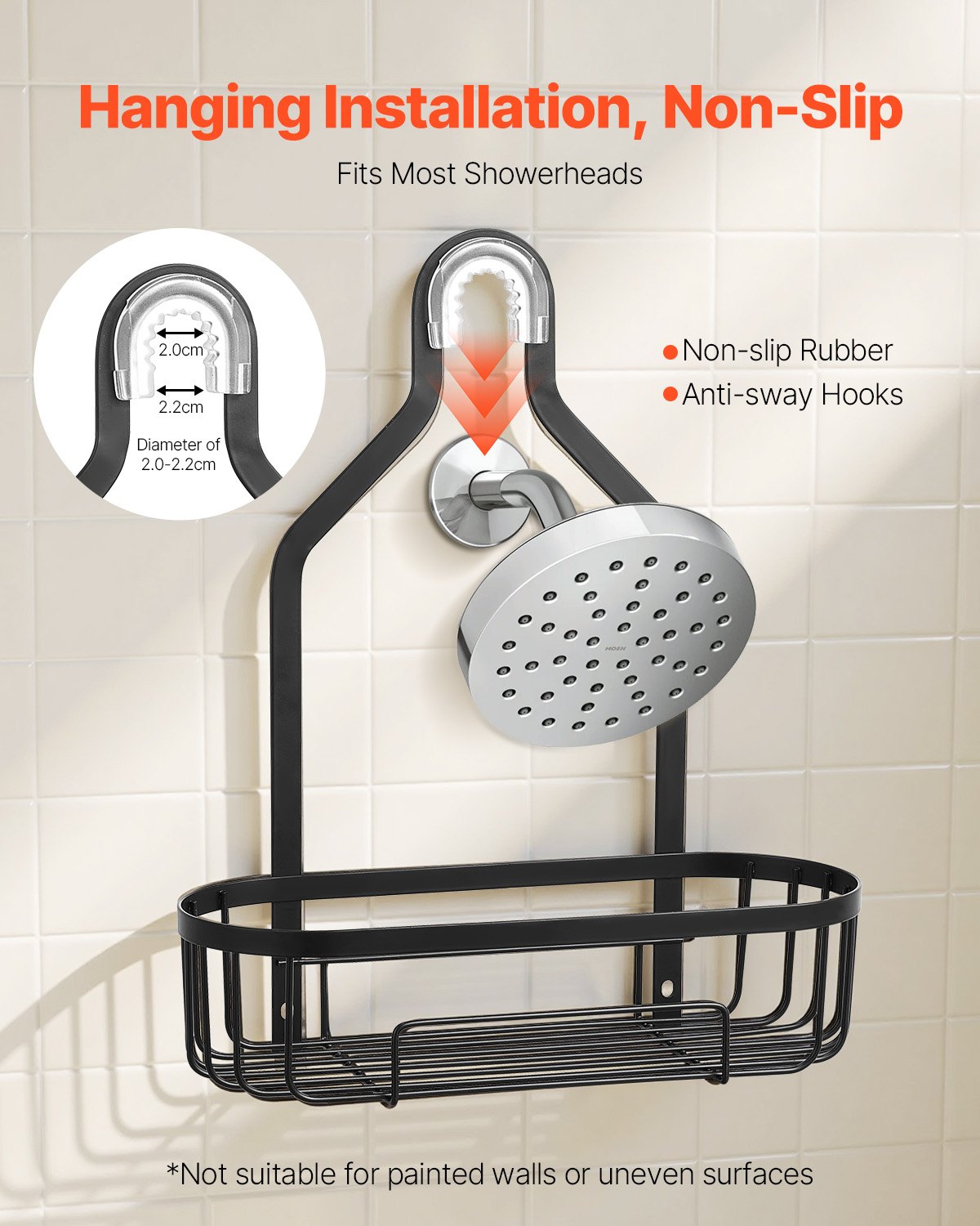 VEVOR Shower Caddy, 3-Tier Hanging Bathroom Shower Storage Organization Shelves Rack Set, with Soap Holder and Hooks for Towels, Sponge, 40 lbs Large Weight Capacity, Fits Shower Head, Matte Black