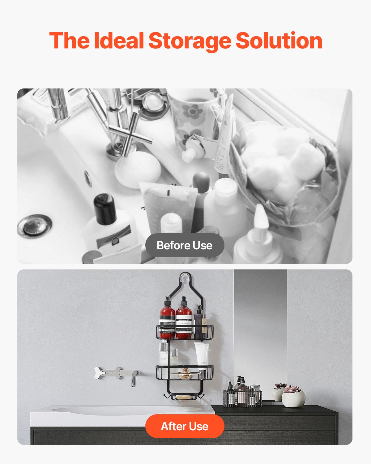 VEVOR Shower Caddy, 3-Tier Hanging Bathroom Shower Storage Organization Shelves Rack Set, with Soap Holder and Hooks for Towels, Sponge, 40 lbs Large Weight Capacity, Fits Shower Head, Matte Black