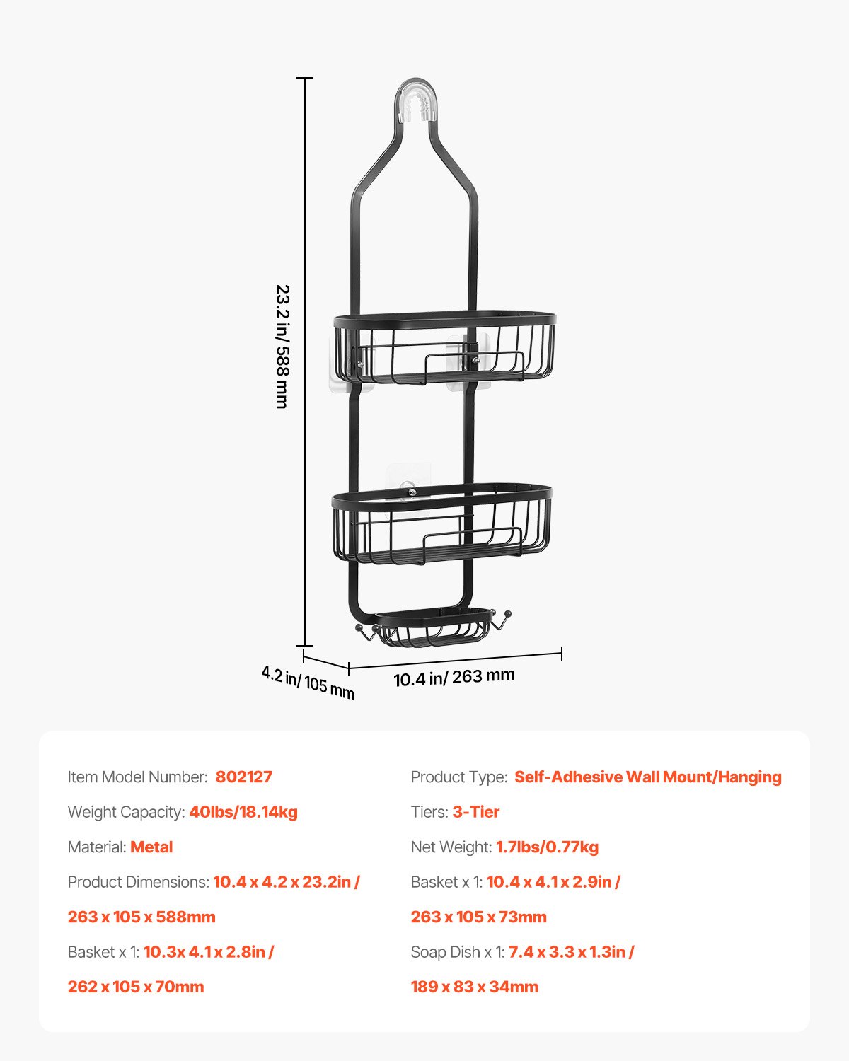 VEVOR Shower Caddy, 3-Tier Hanging Bathroom Shower Storage Organization Shelves Rack Set, with Soap Holder and Hooks for Towels, Sponge, 40 lbs Large Weight Capacity, Fits Shower Head, Matte Black