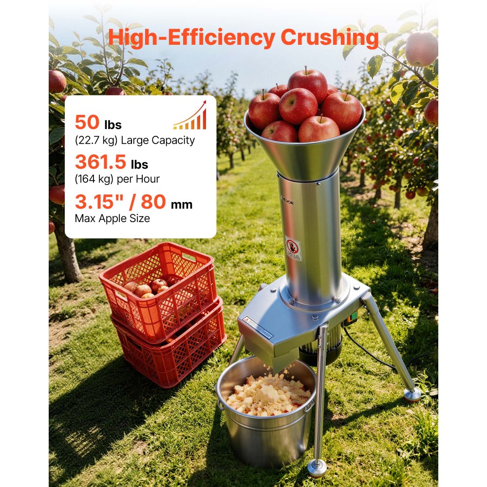 VEVOR 1100W Electric Fruit Apple Crusher, SUS304 Freestanding Crushing Machine, Grinds Whole Apples Up to 80mm Dia, 164 KG/H Capacity, Cider Press for Apples, Pears, Pineapple, Guava, Carrot, Potato