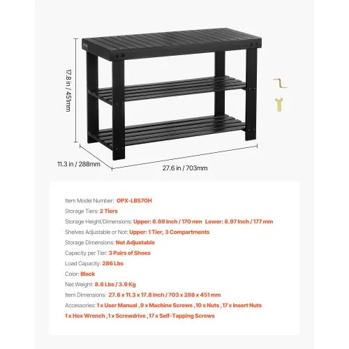 VEVOR Shoe Rack Bench, 3-Tier Bamboo Entryway Bench, Shoe Storage