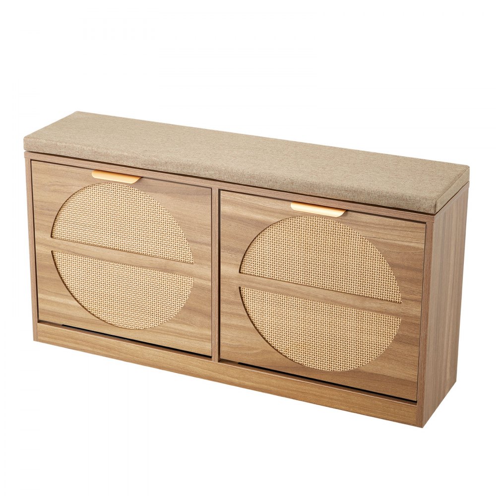 VEVOR Entryway Shoe Bench, 988 x 240 x 500 mm Rattan-Like Shoes Bench with Flip Drawers, 440lbs Shoe Storage Rack with Cushion, 4 Compartments and Rattan Doors, for Hallway, Living Room, Bedroom