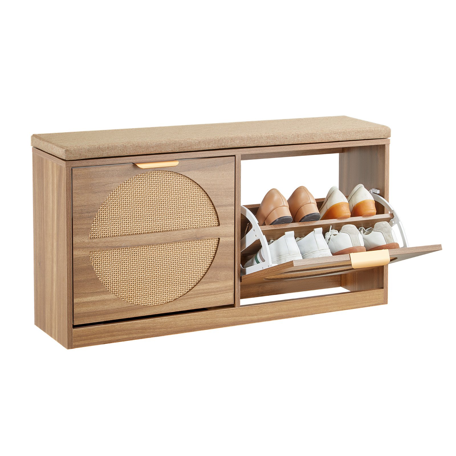 VEVOR Entryway Shoe Bench, 988 x 240 x 500 mm Rattan-Like Shoes Bench with Flip Drawers, 440lbs Shoe Storage Rack with Cushion, 4 Compartments and Rattan Doors, for Hallway, Living Room, Bedroom