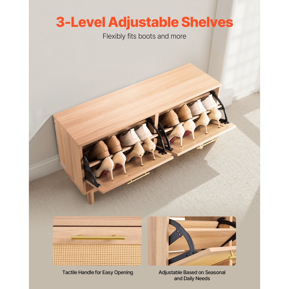 VEVOR Entryway Shoe Bench, 39.4 x 11.8 x 20.9 Inch Rattan-Like Shoes Bench with 2 Flip Drawers, 300lbs Shoe Storage Rack with 4 Compartments and 2 Rattan Doors, for Hallway, Living Room, Bedroom