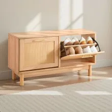 Entryway Shoe Storage Bench 39.4x11.8x20.9Inch Rattan-Like Rack with Flip Drawer