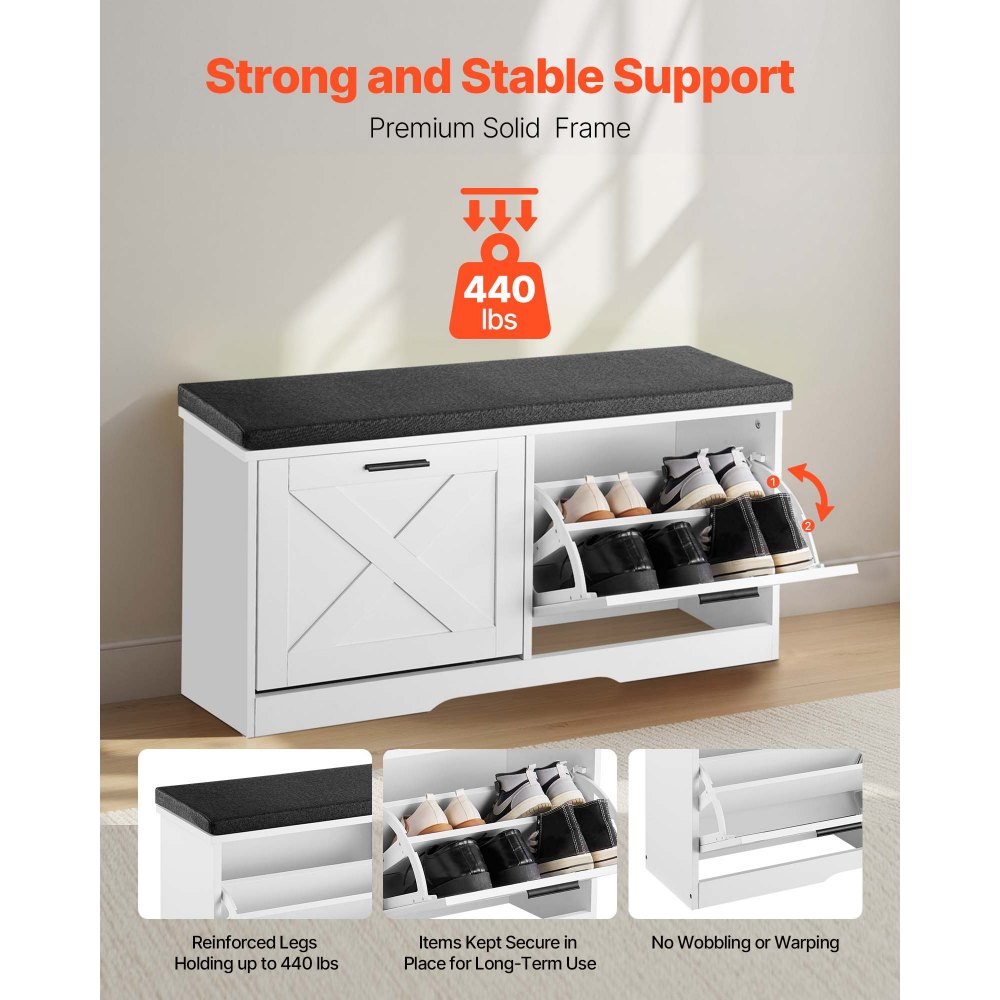 VEVOR Entryway Shoe Storage Bench 100cm Wide 2-Tier Shoe Bench Black White, with 2 Flip Drawers, 200 kg Load Capacity Storage Rack with Padded Seat Cushion, for Hallway, Living Room, and Bedroom