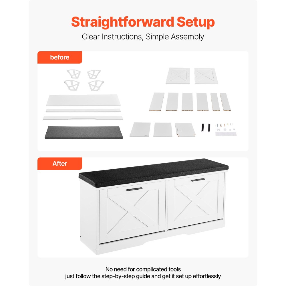 VEVOR Entryway Shoe Storage Bench 100cm Wide 2-Tier Shoe Bench Black White, with 2 Flip Drawers, 200 kg Load Capacity Storage Rack with Padded Seat Cushion, for Hallway, Living Room, and Bedroom