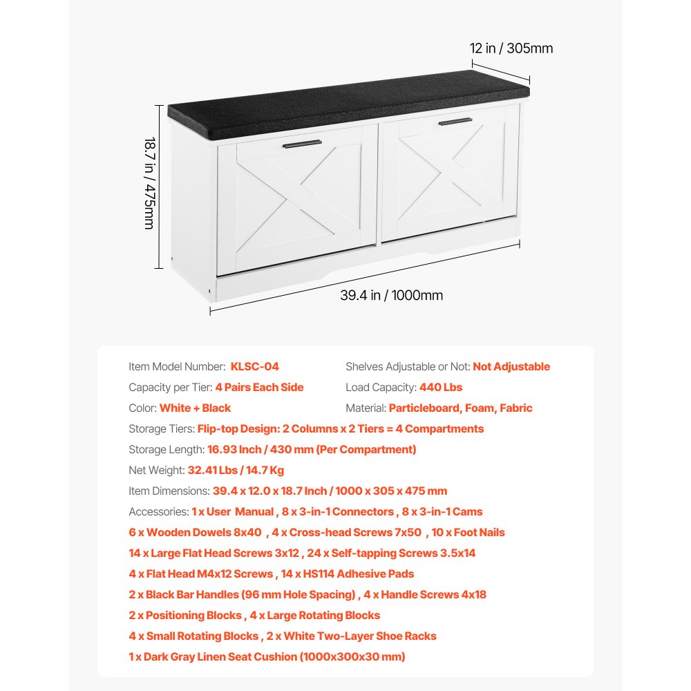 VEVOR Entryway Shoe Storage Bench 100cm Wide 2-Tier Shoe Bench Black White, with 2 Flip Drawers, 200 kg Load Capacity Storage Rack with Padded Seat Cushion, for Hallway, Living Room, and Bedroom
